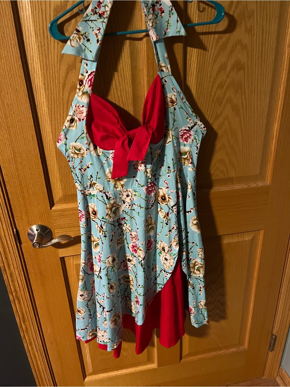 Floral Halter Slip Dress with Red Bow Accent